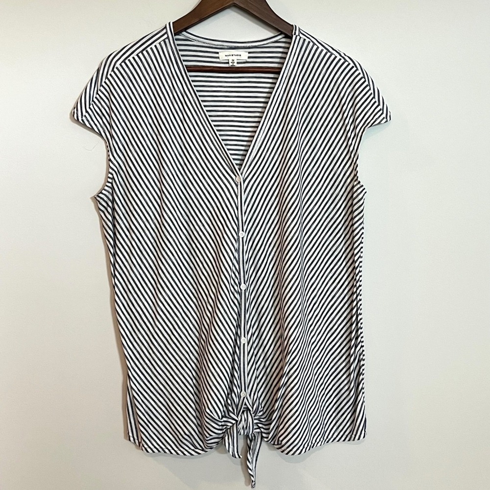 Max Studio Womens 1X Navy White Striped Tie Front Button V-Neck Top 9W04F73